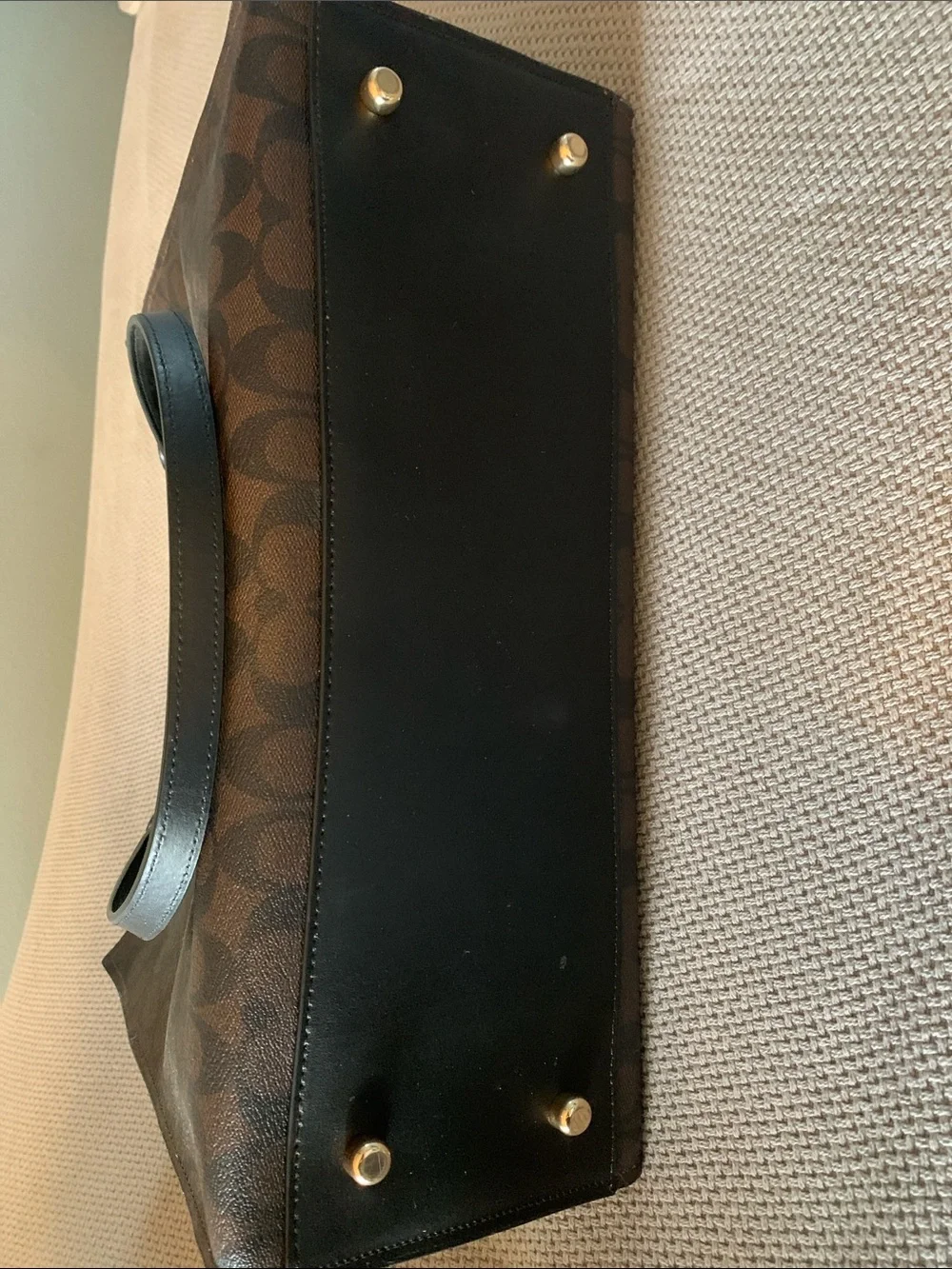 Coach Brown Signature Canvas Tote with Black Straps and Gold Hardware